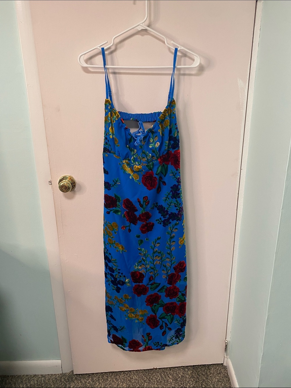 Commense Blue Floral Velvet Slip Dress with Red and Yellow Blooms